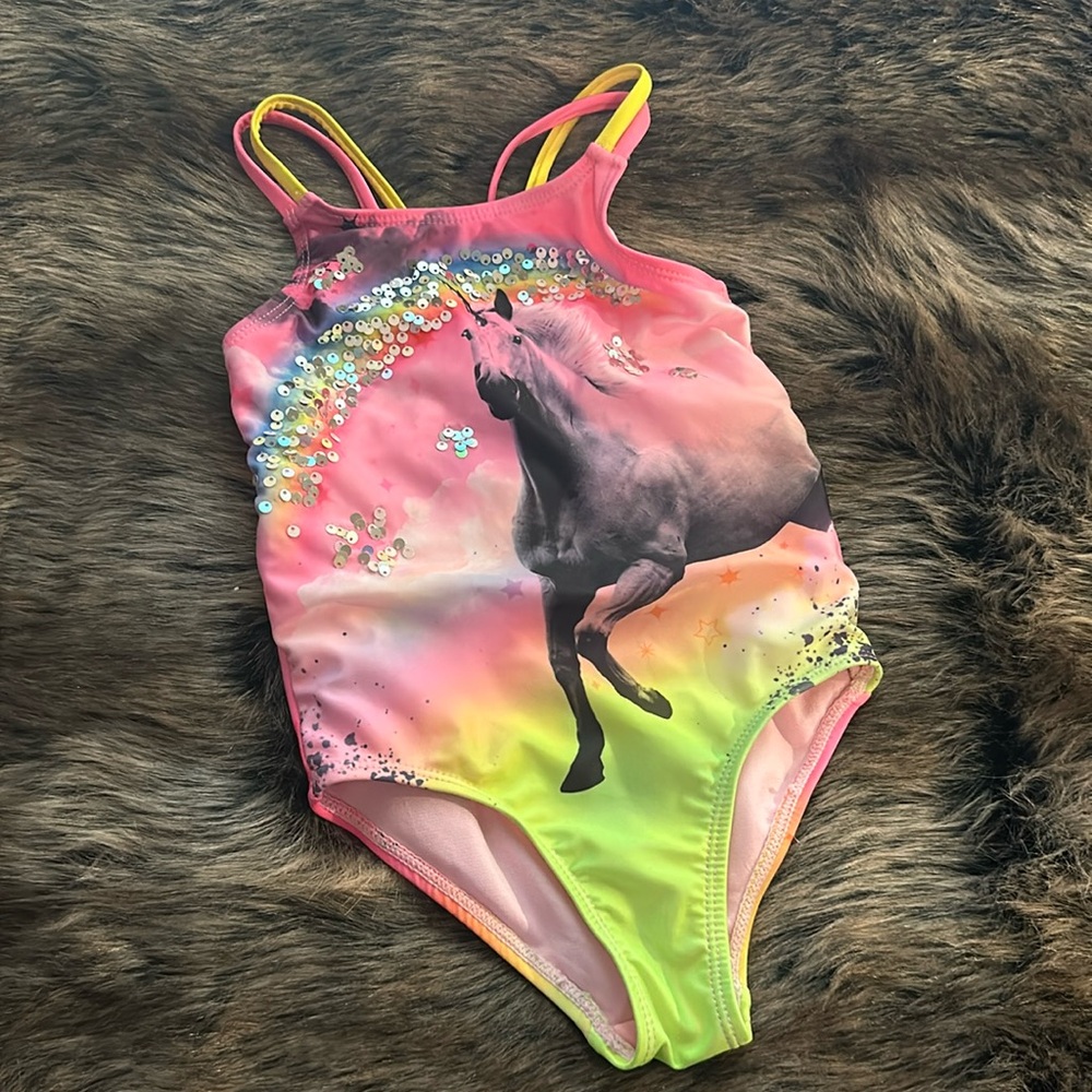 Girls 4/5 wonder nation 1 piece swim suit unicorn rainbow with sequins